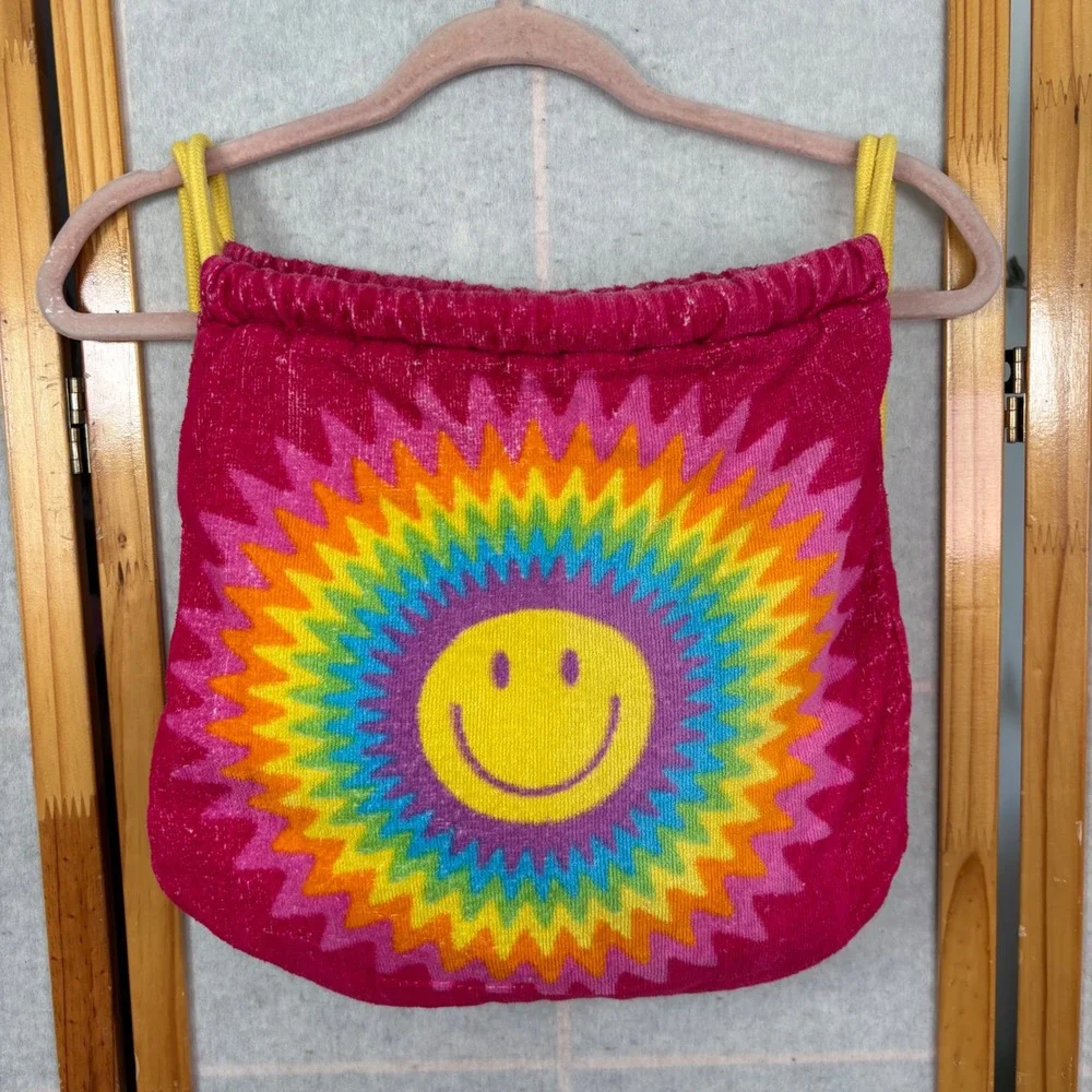 VTG Retro Groovy Rainbow Smiley‎ Face Beach Towel Drawstring Bag Pink 100 Cotton